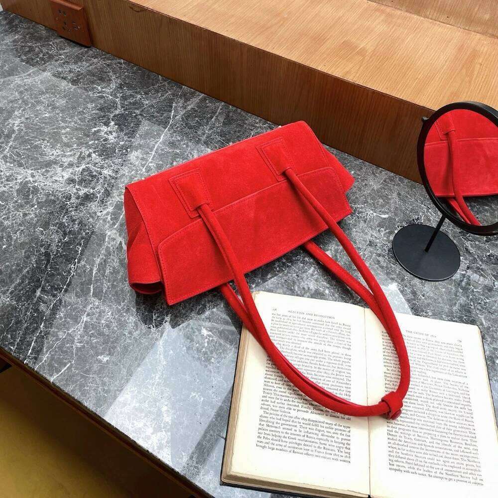 2026 Stylish Ru Hot Sale Red Yellow Color Long-handle Trapeze Tote Thick First-class Nubuck Leather Women Underarm Shoulder Bag