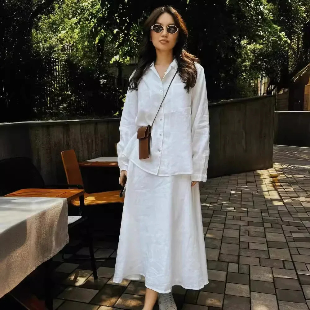 Fashionable Casual Womens Clothing Style Loose Fit Long Sleeve Shirt Solid Color Hemp Cotton Fashion Match Large Skirt 250811