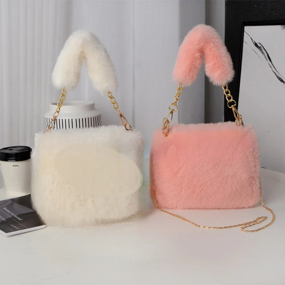 Fashion Women Fluffy Shoulder Bags Female Winter Chain Underarm Bag Solid Color Handbag Soft Plush Handle 250811