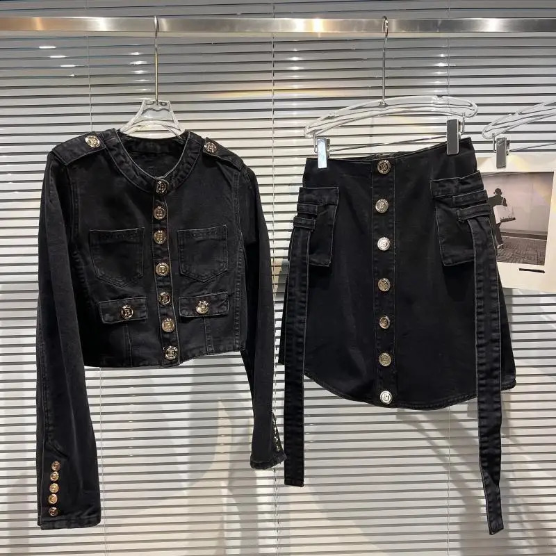 Metal buttons Denim 2 Piece Set Women Spring Autumn Retro Skirt Suits Short Denim Jacket Coat jeans Skirt Two Piece Set Sets 250807