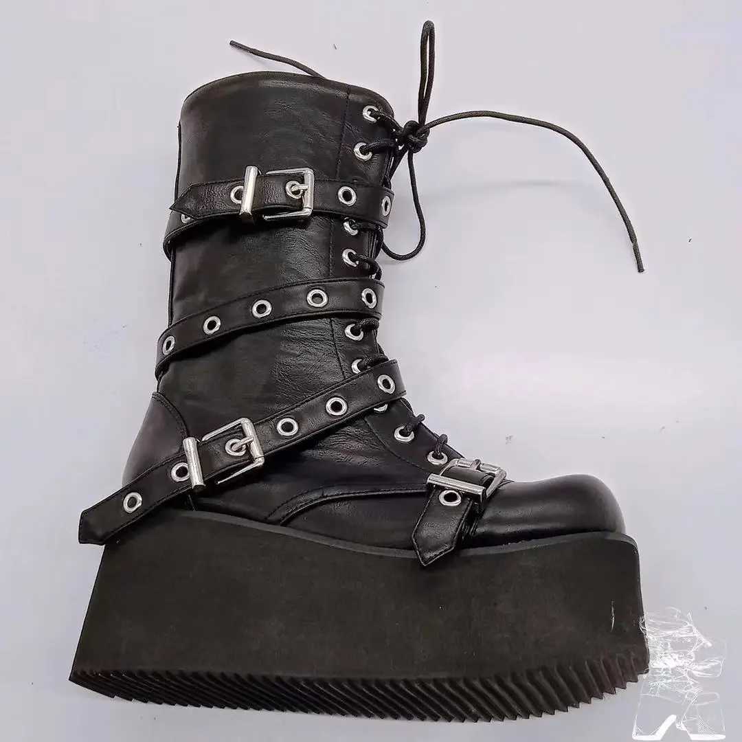 Plus Size 43 Autumn Women Boots Buckle Round Toe Wedges Platform Boots Punk Goth INS Women Street Shoes Combat Boots for Women W250811