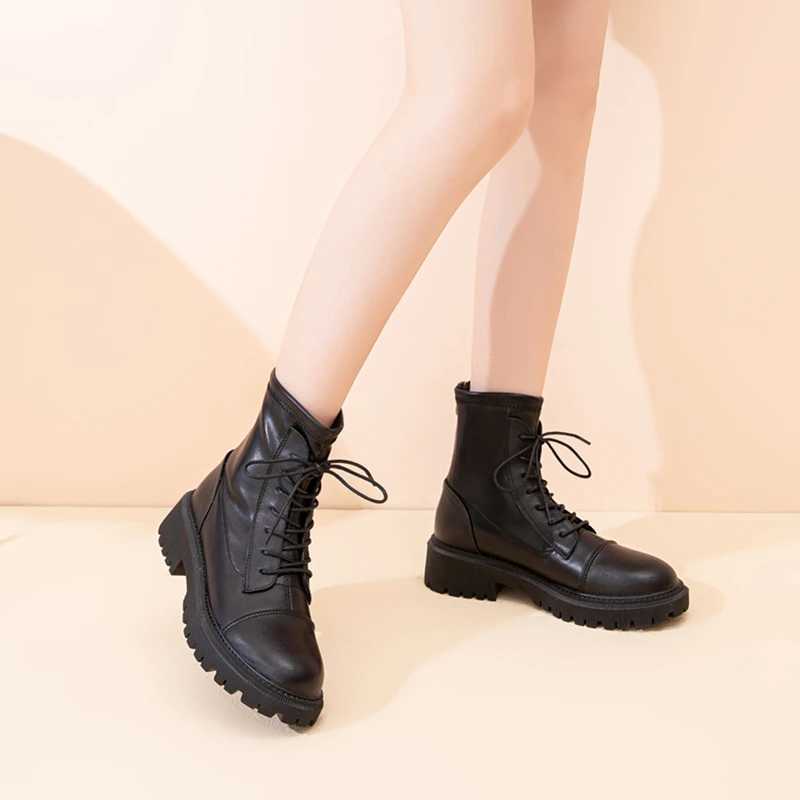 Cowhide Internal Increase Marton Boots Women British Style 2021 Thick-soled Short Boots Genuine Leather Ladies Ankle Boots W250811