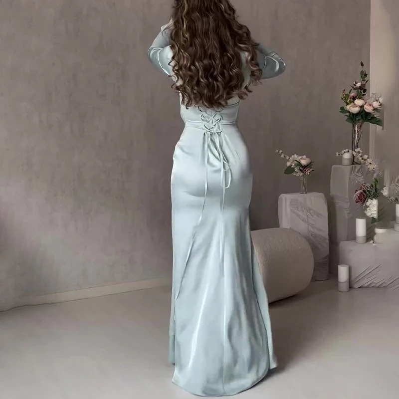 Elegant Long Sleeve High Waist Evening Dress Casual Solid Color Slim Robe Spring Autumn Womens O Neck Twisted Party 250811