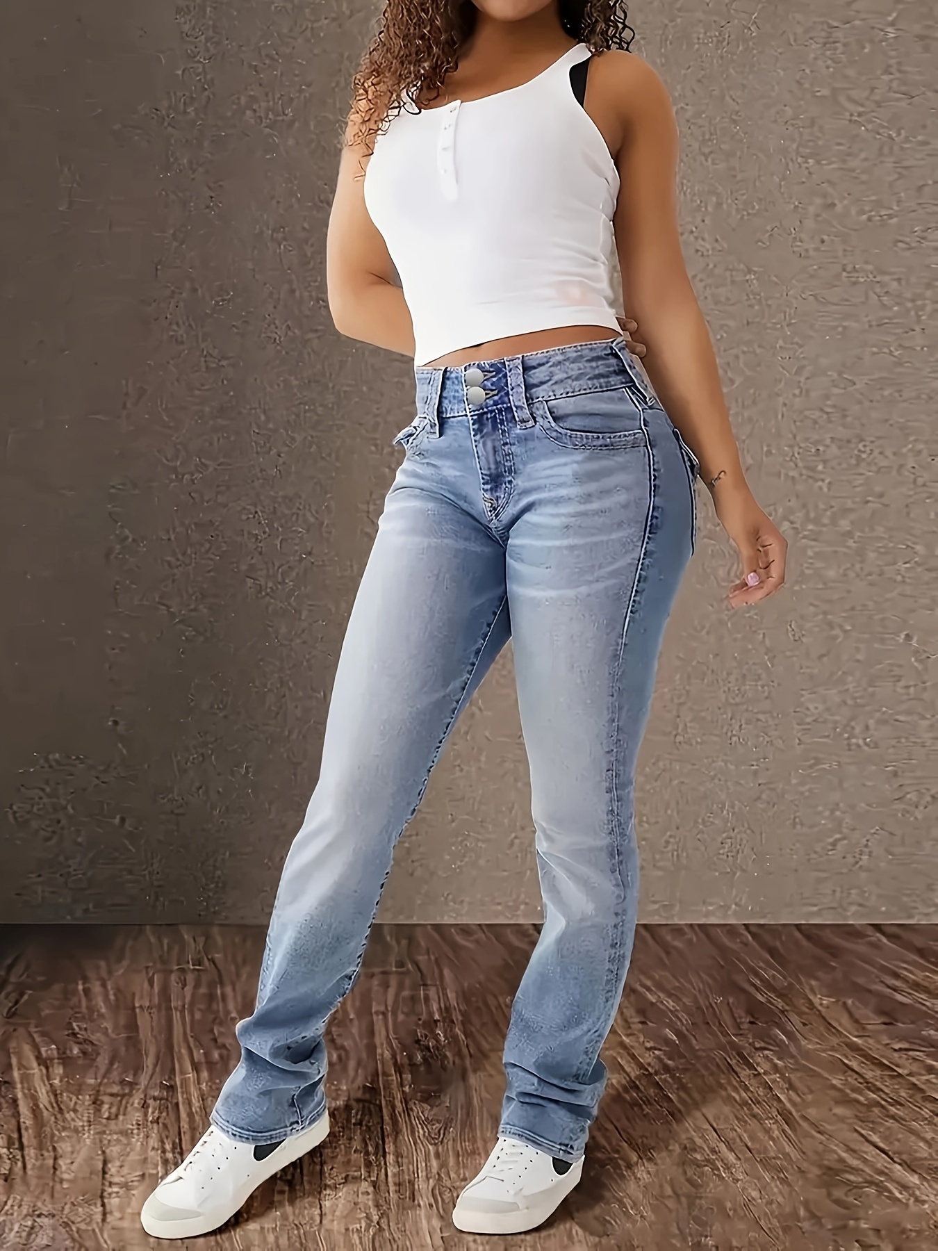 Women's Jeans Double Button Straight Leg Pants for Women - Comfortable Pocket Flap Design