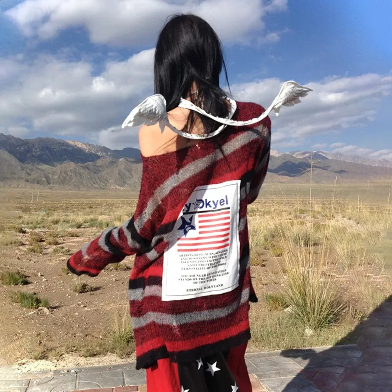 Karrram Y2k Aesthetics Off Shoulder Pullover Grunge Gothic Red Striped Sweater Japanese Harajuku Loose Knit Tops American Retro 250811