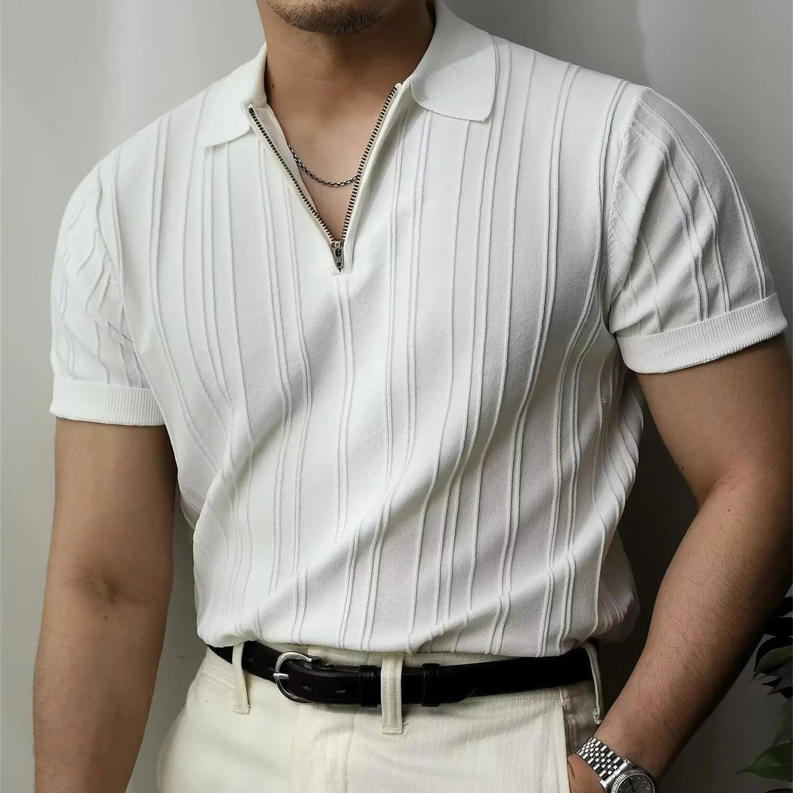 Korean y Slim Soild Retro Tops Tees Clothes Knit Shirts Short Sleeve Quarter Zip Casual T Camisas De Hombre 250811