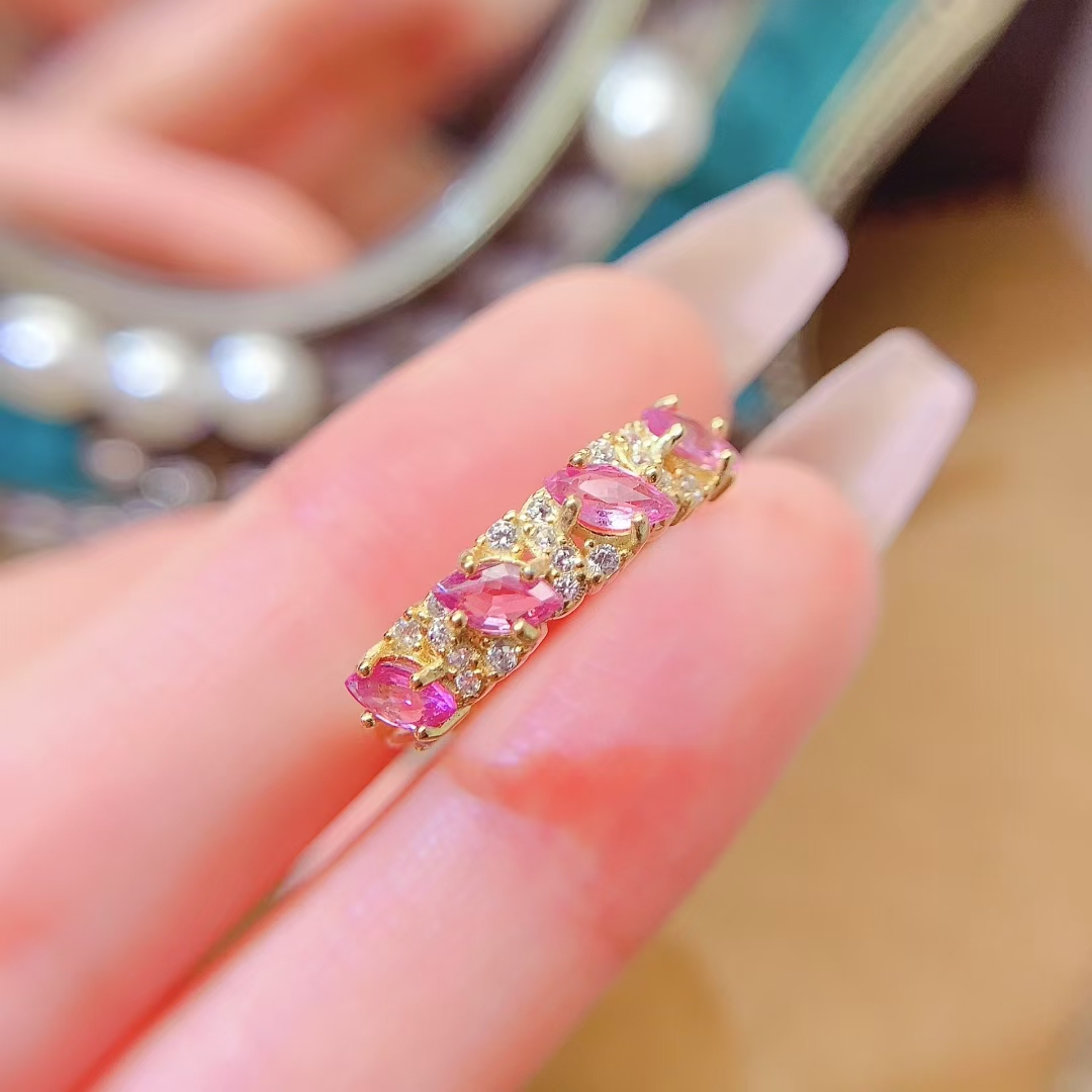 Genuine Pink Sapphire Ring 2.5mm*5mm Natural Sapphire Silver jewelry 18K gold plated silver sapphire ring August Birthstone ring for Girl