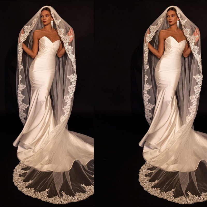 Elegant Wedding Veil Sequin Appliques Cathedral Length One Layer Bridal Veils Applique Edge For Bride Velo De Cabeza Customized