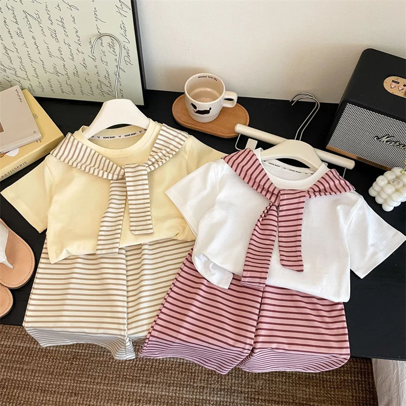 Girls Suit Summer Short-sleeved T-shirt With Stripes ShawlsPants 2Pcs Outfits Kids Casual Clothes Childrens Fashion Sets 1-12Y 250811