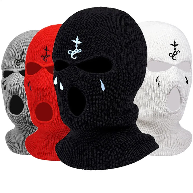 Winter Motorcycle Windproof Full Face Knit Hats Ski Mask Men Warm Wool Balaclava embroidery Winter hats Knitted 3 Holes Ski Mask 250808