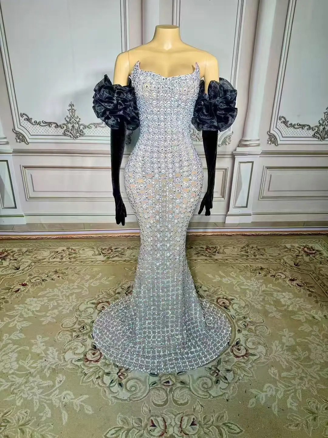 SWEMILE y Sparkly Mermaid Prom Dresses 3D Flowers Long Sleeves Strapless Beaded Diamonds Women Evening Gown Customized 250811