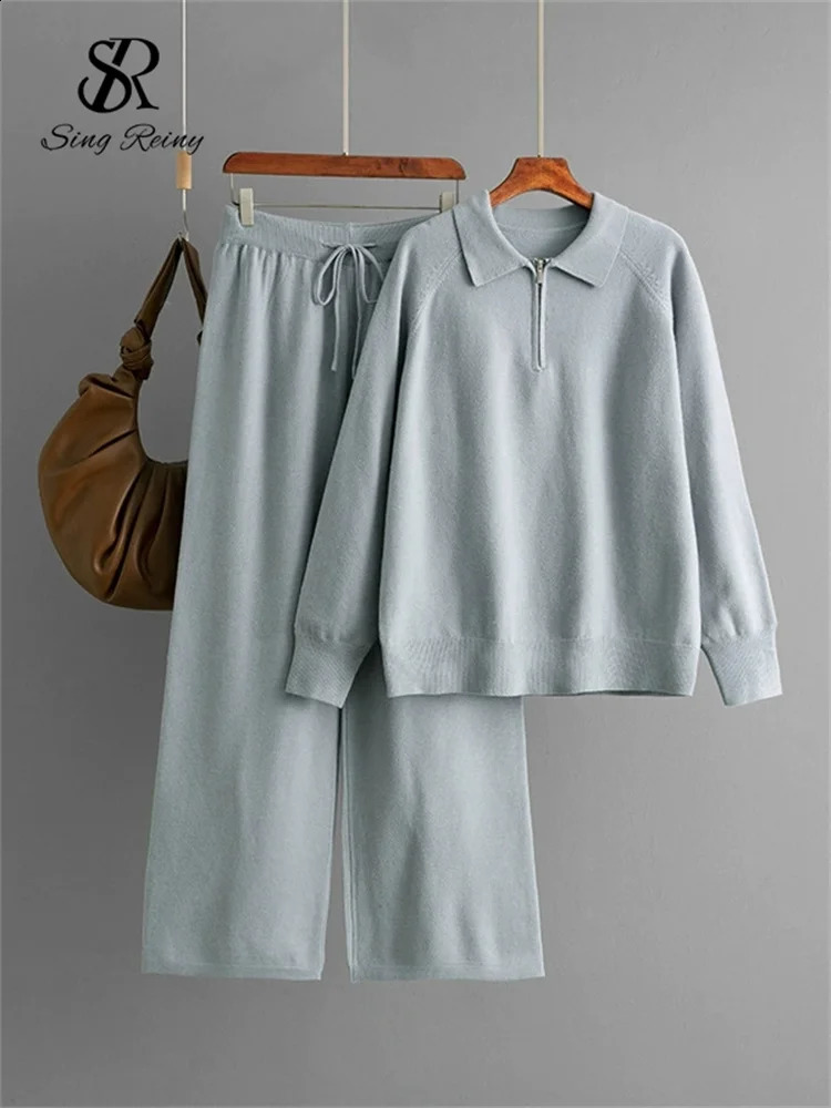 SINGREINY Winter Casual Sweater Suits Polo Collar Zipper TopsDrawstring Wide Leg Long Pant Female Solid Knitting Warm Sets 250806