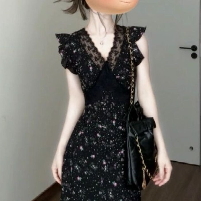 2025 Black Lace Patch Flower Dress Summer Vacation Style trend French Elegant, Unique, Beautiful Asymmetric Waist Long Dress New Designer