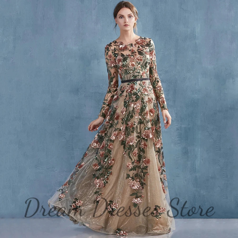 Elegant ONeck Long Sleeve Evening Dress Sequins Flowers Applique ALine with Belt Floor Length Women Party Banquet Gowns 250811