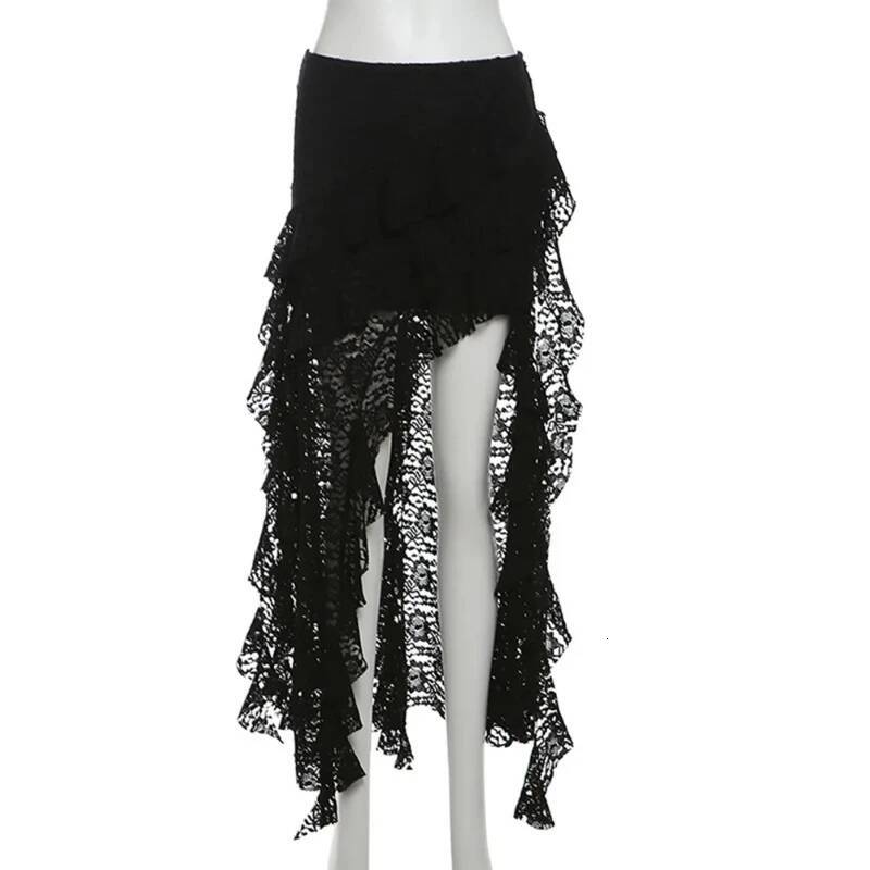 2025 Summer New Women's Sexy High Waist Lace Ruffle Skirt Women's Spring fashion Irregular Y K Skirt Women's Fashion Black Patch Party 