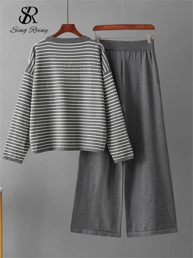 SINGREINY Fashion Loose Sweater Suits Female Full Sleeve Stripe TopsHigh Waist Long Pants Winter Korean Knitted Sets 250806