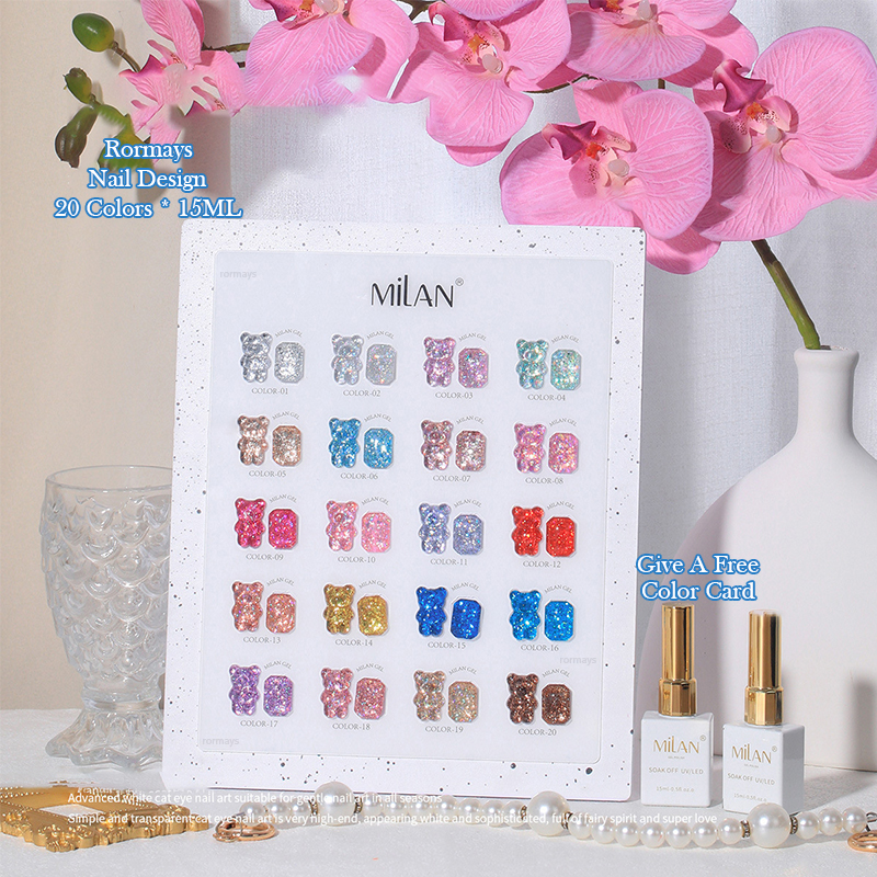Rormays Bears Sequins gel Polishing 20PCS Mixed Varnish Semi Permanent Popular UV Shiny Color Sequins Gel Nail Salon Primer Finish Wholesale Factory