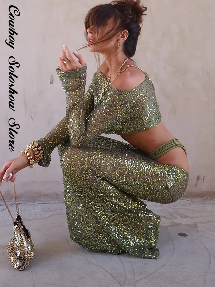 Sexy Sequin Crop Top Skirt Set Women Slim Slash Neck Long Sleeve Tops See Through Long Skirts 2025 Summer Beach Shiny Lady Suit 250811
