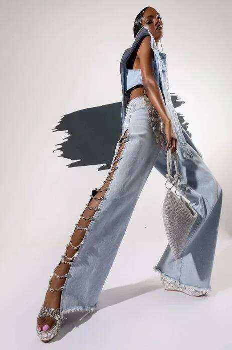 Denim Long with Drill Chains Straight Wide-leg High Waist Ripped Jeans for Women Summer Thin Side Slit Pants