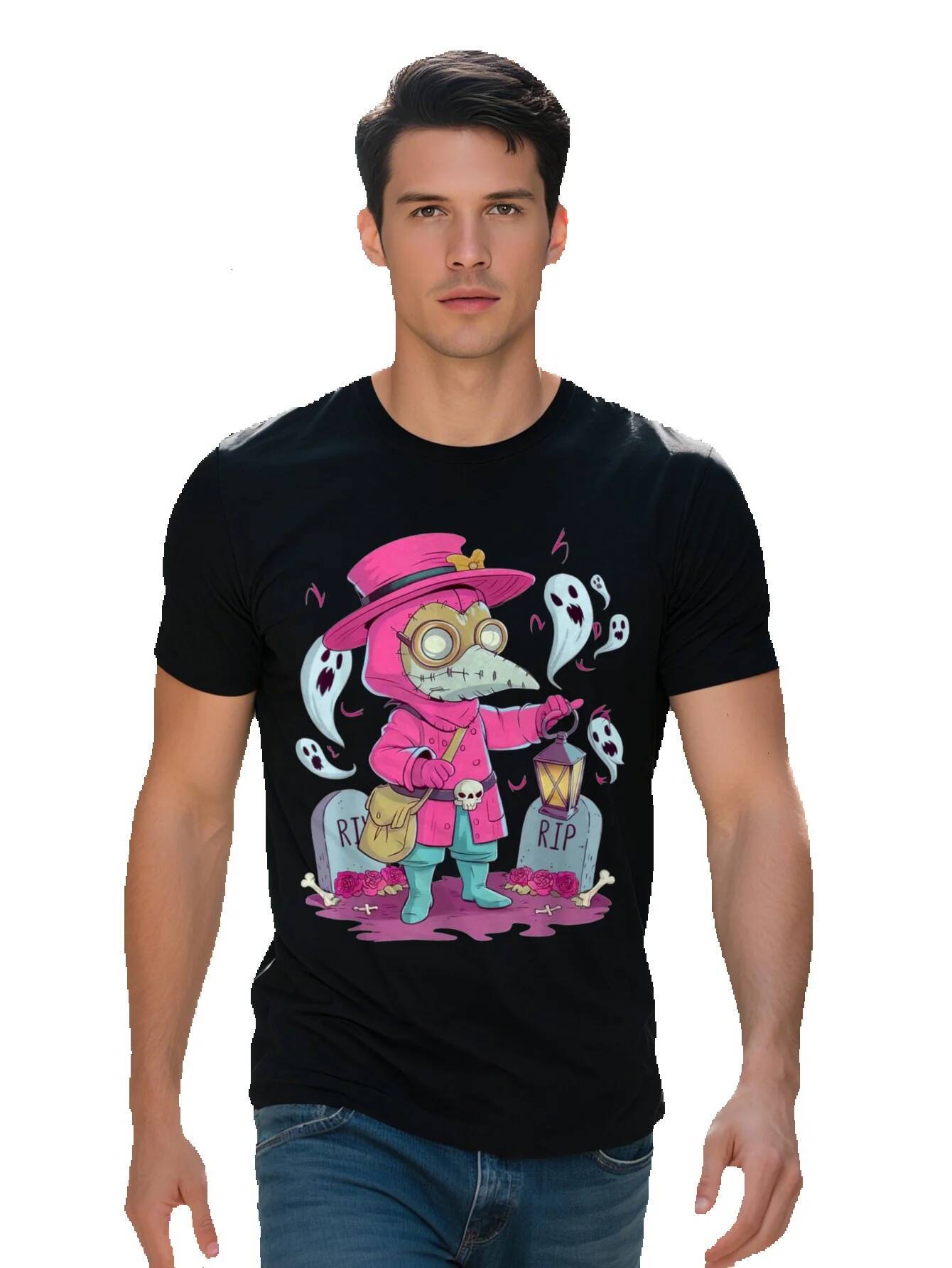 Men's T-shirt Cotton Gothic Plague Doctor Graves Halloween Open Art Unisex Adults T Shirt Black Small Long a6369