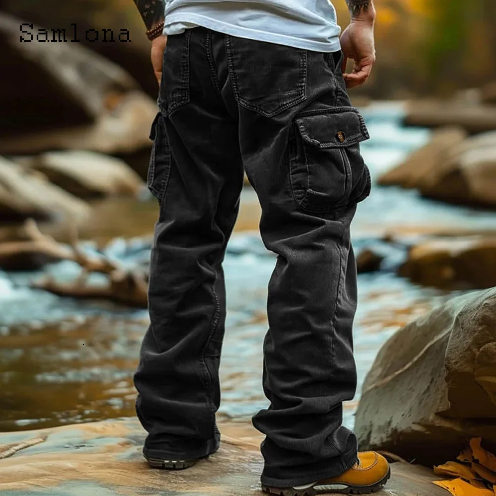 European Fashion Corduroy Cargo Pants Mens Stand Pocket FullLength Trousers Plus Size Casual Straight Sweatpants 250809