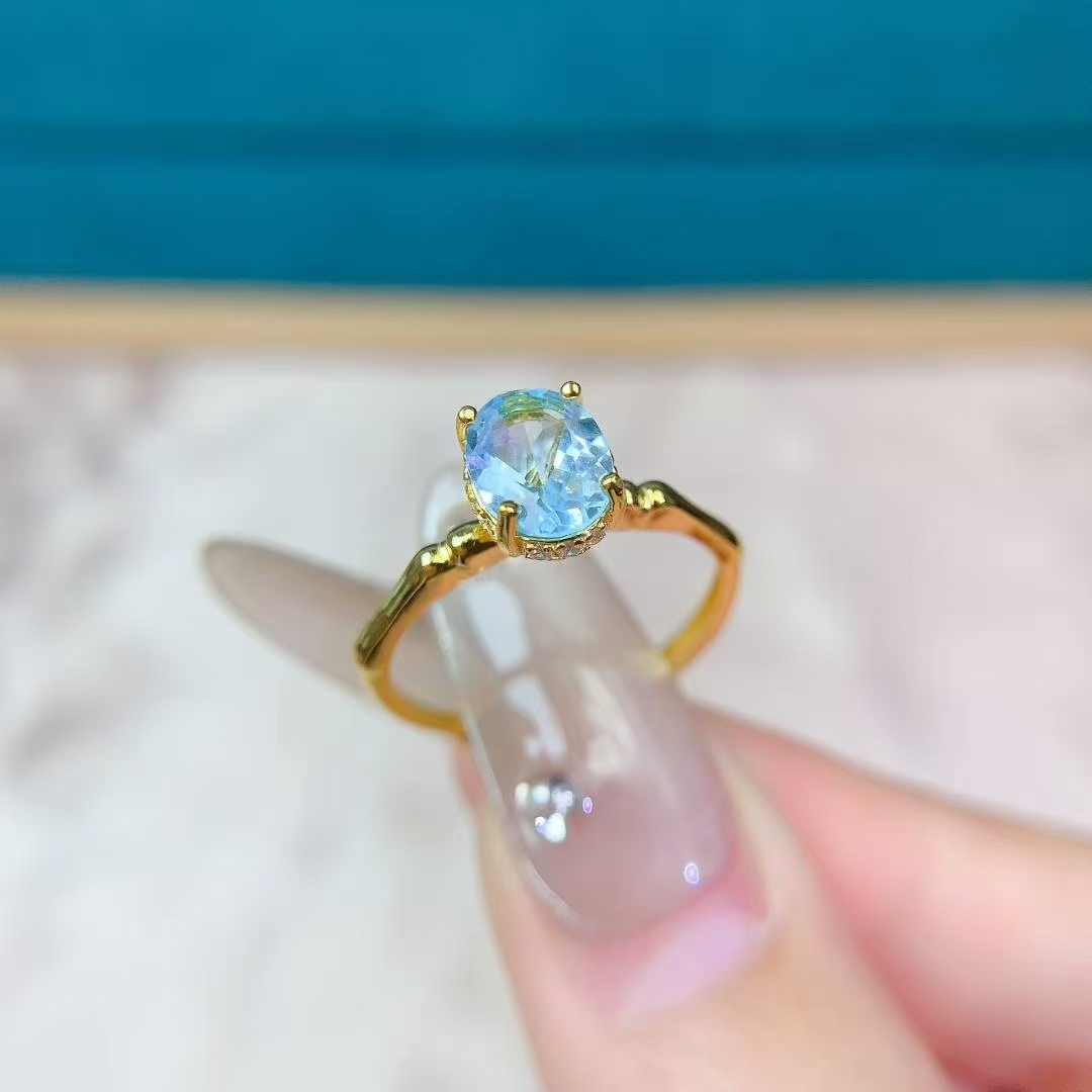 VVS Grade sky Blue Topaz Ring 0.7ct 6mm * 8mm 1ct Natural Topaz Jewelry with 18K gold plating 925 Silver Gemstone Ring