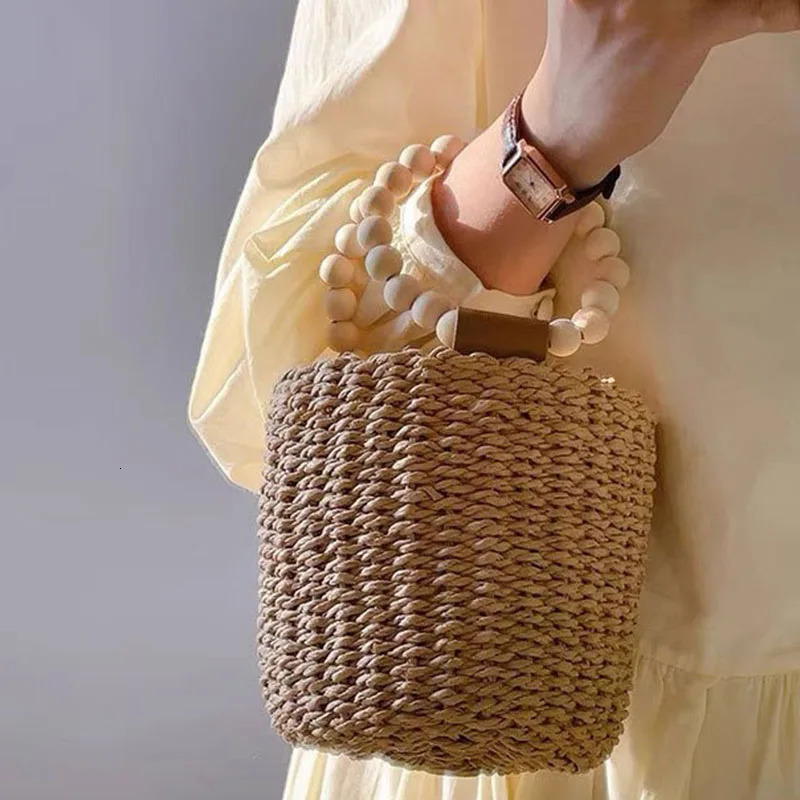 Fashion Wooden Beading Women Handbags Paper Woven Hand Bags Casual Summer Beach Bucket Bag Bali Small Tote Female Purses 250811