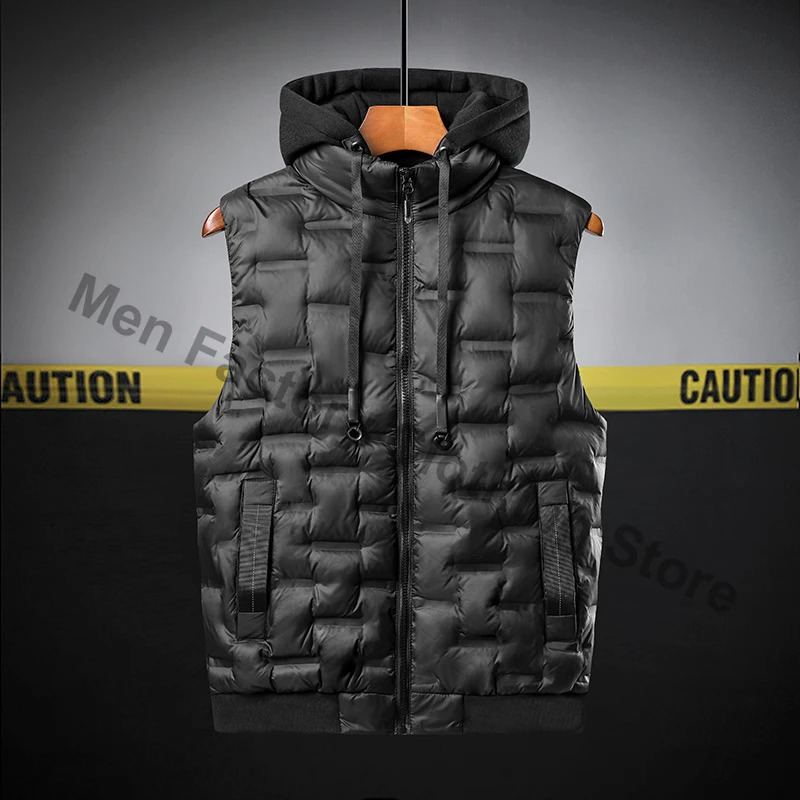 Winter Hooded Vest Men Pleated Solid Padded Windproof Warm Sleeveless Jacket Homme Casual Waistcoat Thicken Parkas 8XL 250809