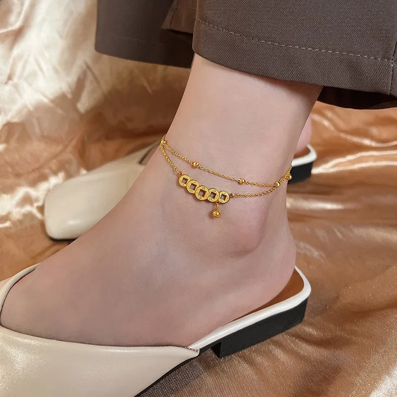 Stainless steel Coin Bell Pendant Gold colour Anklet For Woman Fashion Ankle Jewelry Girls Sexy Swimsuit Party Anklet 250807