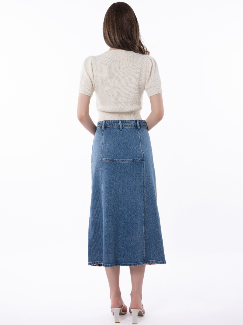 Women's denim plaid patchwork midi skirt