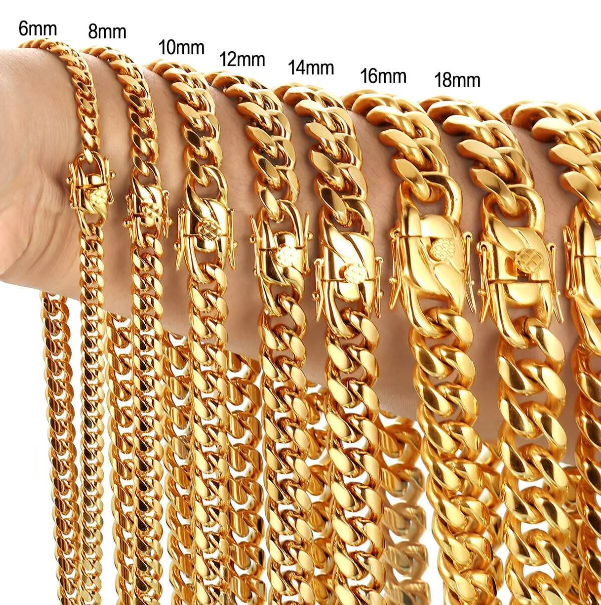 New 18K Gold Plated Stainless Steel Chain Necklace Customizable 6-18mm Tarnish Free Monaco Necklace Miami Curb Link Cuban Chains