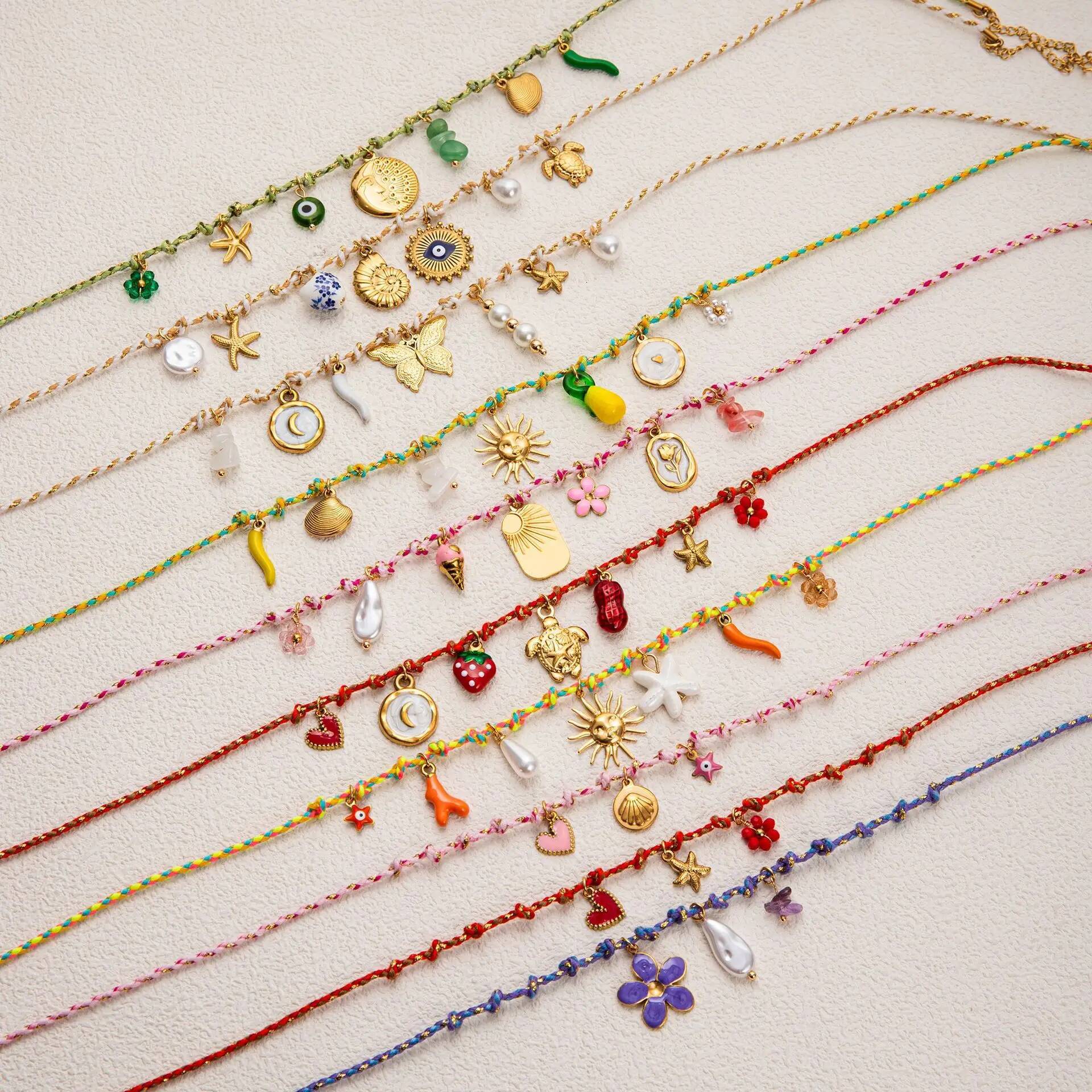 CARLIDANA Elegant Stainless Steel Hand-woven Rope Chain Flower Starfish Heart Sea Pendant DIY Charm Bracelet Necklace for Women