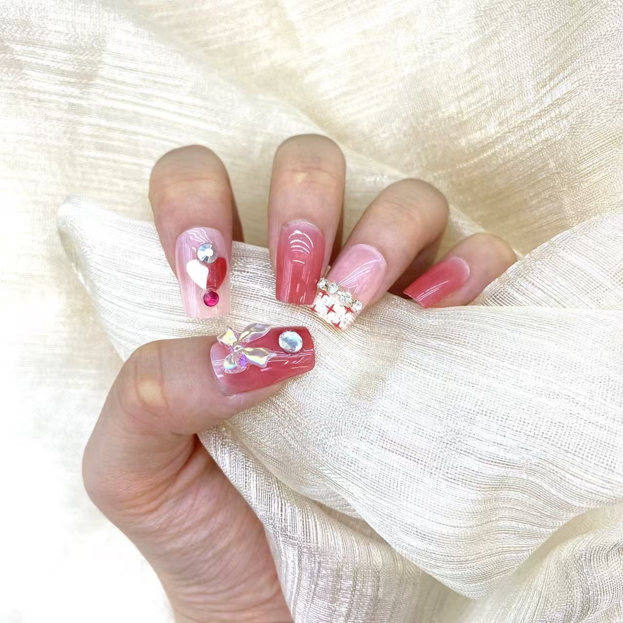 Fake Nails 10pcs Short Square Red Ombre Nude Pink 3D Bow Rhinestone Heart Cross-Stitch Detachable Full Cover Press On DIY Handmade press on nails