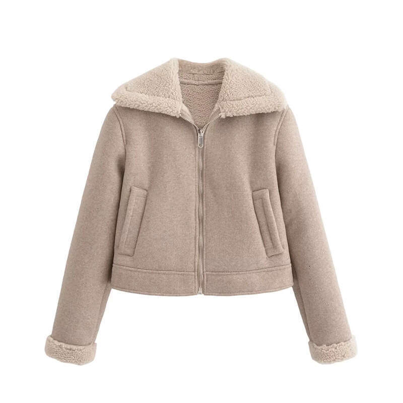 Windproof collar zipper wool lining coat, autumn and winter new multifunctional loose fit casual women's jacket