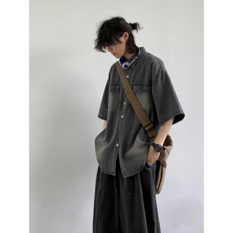 College Retro Mens Two Piece Set Hip Hop Washed Tooling Denim ShirtLetter Printed Sleeveless Top Set Street Harajuku Suit Y2K 250811