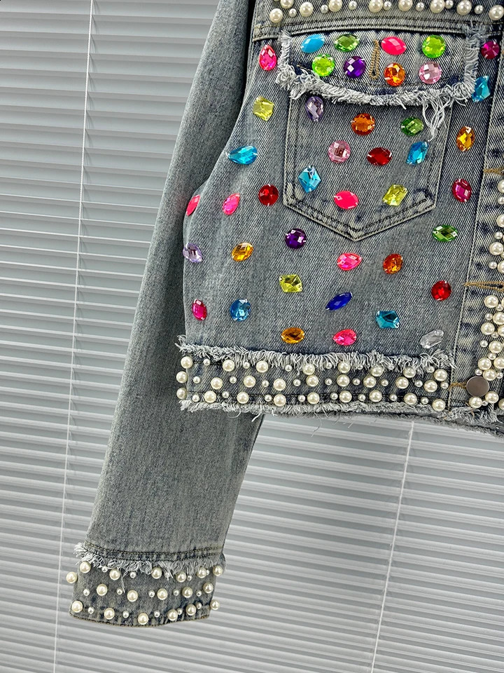 Embellished Denim Jacket for Women Fall Crystal Beaded Cropped Jean Coat Long Sleeve Slim Fit Fashion Rhinestone Top 250804