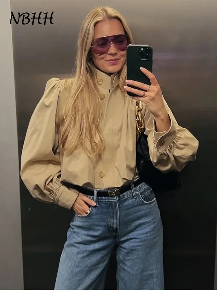 Fashion Stand Collar Short Jacket Women Long Puff Sleeve Single-breasted Pleated Womens Coat Autumn Lady Outwears Street 250804