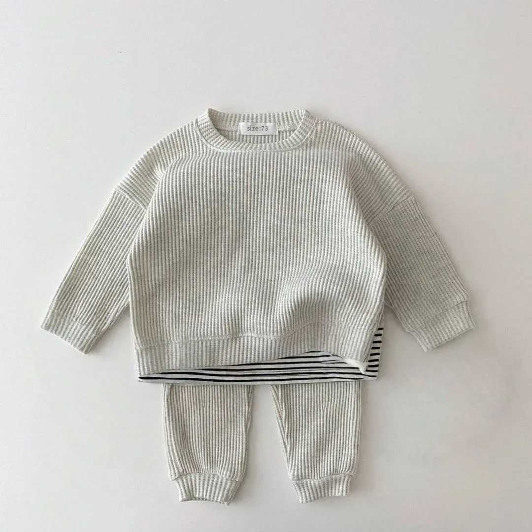 Autumn Casual Loose 2-Piece Baby Ribbed Knit Round Neck Sweatshirt Pants Set Faux Layered Outfit for 0-3T Boys Girls Z250811