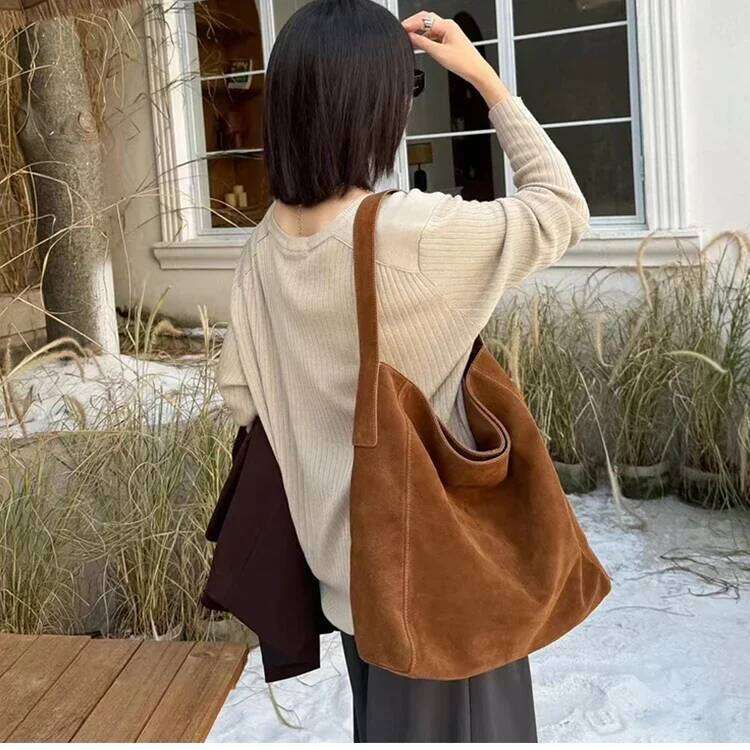 European and American Lazy Style Large Capacity Frosted Cowhide Travel Tote Winter Suede Leather Women Handbag Camel