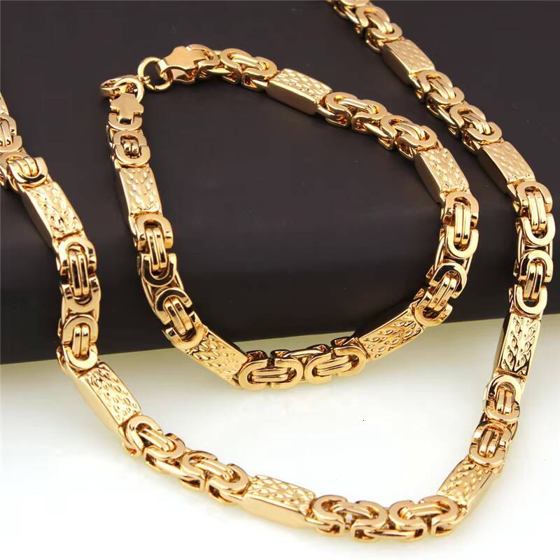 MJ Custom Design Stainless Steel Jewelry Chain Waterproof 18K Gold Plated Byzantine Chain Bracelet and Necklace Set for Men