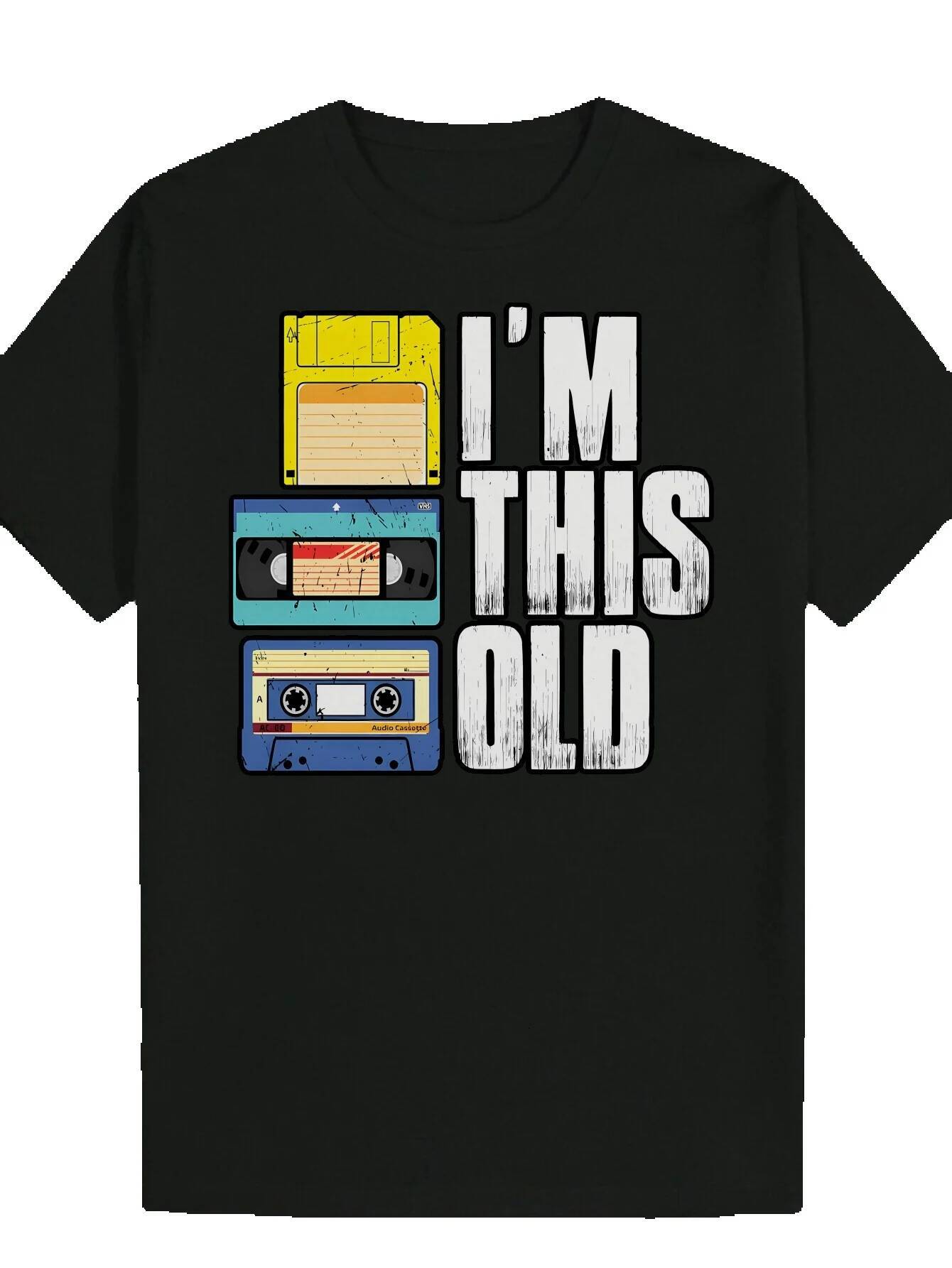 Men's Summer T-Shirt with Cassette Tape Design - 'I'm This Old' Print, Black Polyester, Crew Neck, Regular Fit, Casual Wear Patter