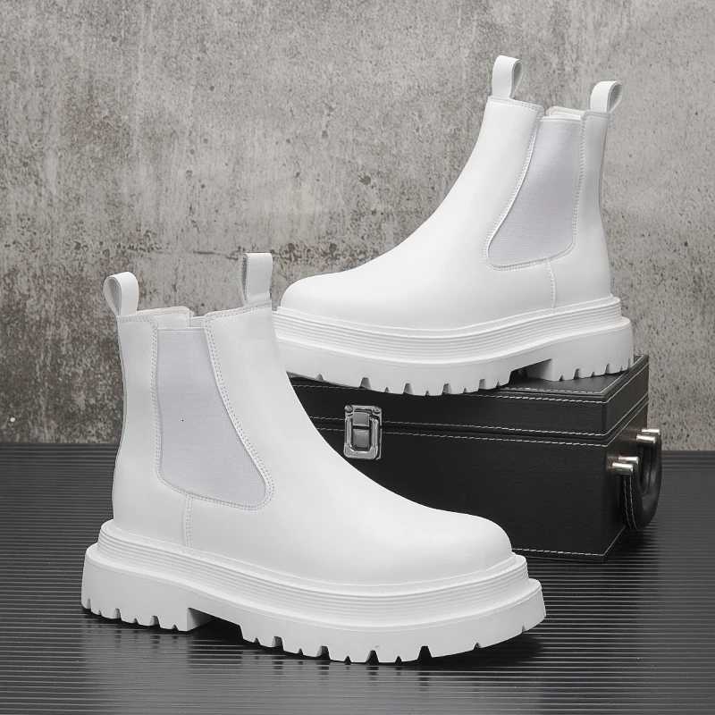 Mens Chelsea Boots - Unisex Couple Style Platform Mid-Calf Leather Boots Slip-On Round Toe Fashion Boots in White Green W250811