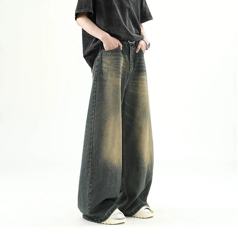 Men Denim Pants Old Blue Washed Male Jeans Straight Casual Menwear Loose Wide Leg Trousers Fashion Korean High Street Denim 250805