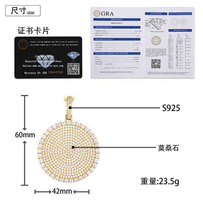 Moissanite S925 Sterling Silver Bling Ice Out Round Pendants Necklace for Men HIP Hop luxurious Rapper Jewelry Gold Silver Color