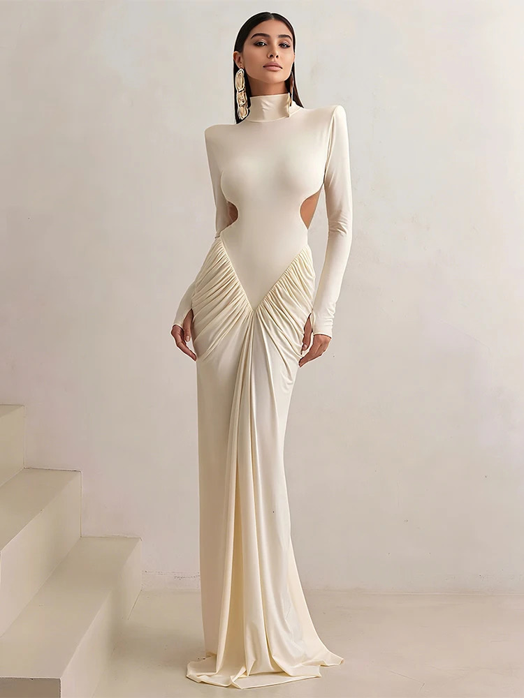 Weird Puss Backless Maxi Dress Women Shoulder Pads Long Sleeve Waistless Peach Buttocks Ruched Elegant Banquet Skinny Vestidos 250811