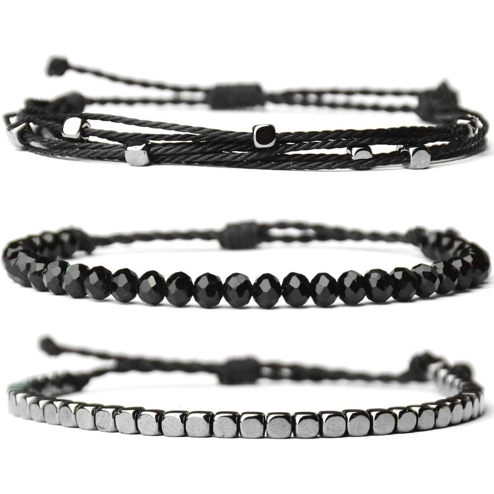3 Pcs Handmade Women's Stackable Bracelet Set, Adjustable Rope Bracelets with Hematite and Glass Beads