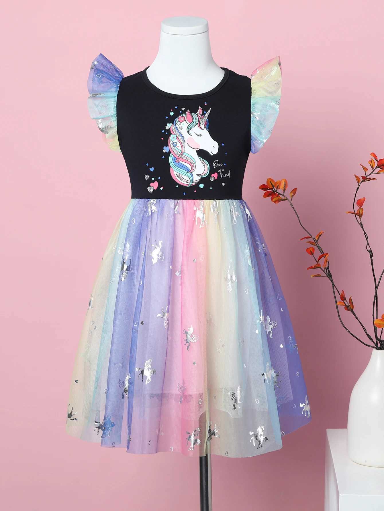 Girls Summer Cartoon Unicorn Print Rainbow Mesh Splice Princess Birthday Party Sleeveless Dress SH1791 W250811