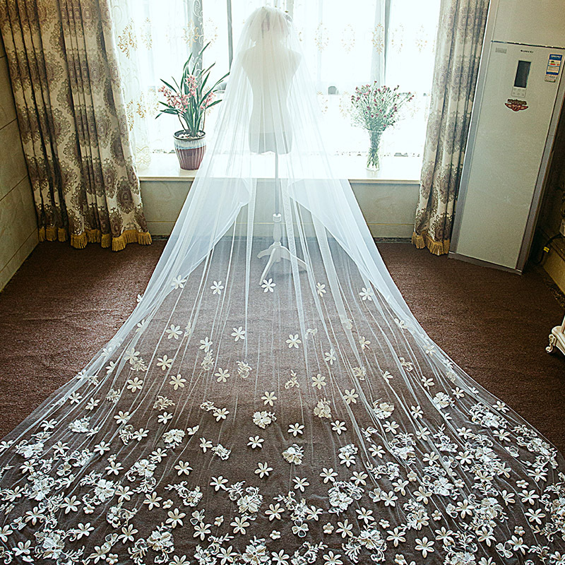 Luxurious Wedding Veils 3D Flowers Floral Appliques With Comb Bridal Veils Long Cathedral Length Marriage Accessories
