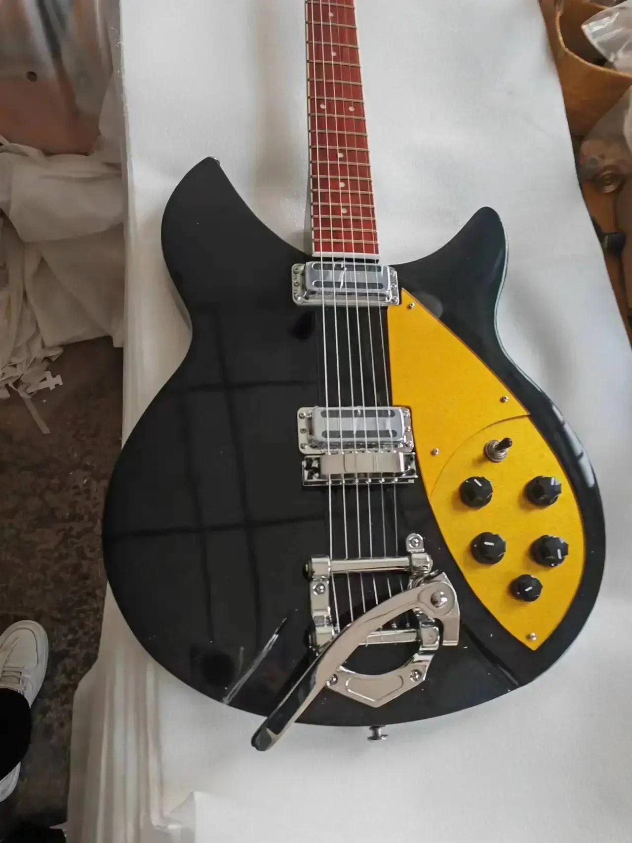 360 330 610 6 Strings Black Semi Hollow Body Electric Guitar Gold Pickguard Gloss Varnish Fingerboard Dot Inlay Bigsb Tremolo Brdige