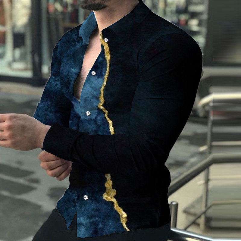 Men's long-sleeved shirt, fashionable T-shirt, 3D printed lapel, casual and personalized long-sleeved shirt, men's shirt European code: S-3X